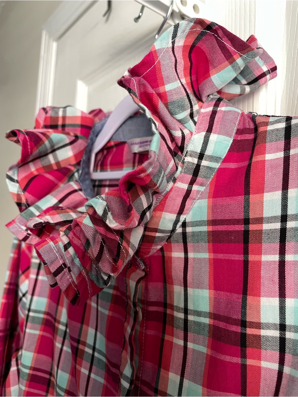Allison Daley Pink Plaid Ruffle Collar Button-Down Shirt, Size L/XL - Picture 3 of 11